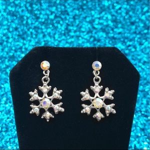 Silver Snowflake AB Iridescent Rhinestone Winter Frozen Theme Post Drop Earrings